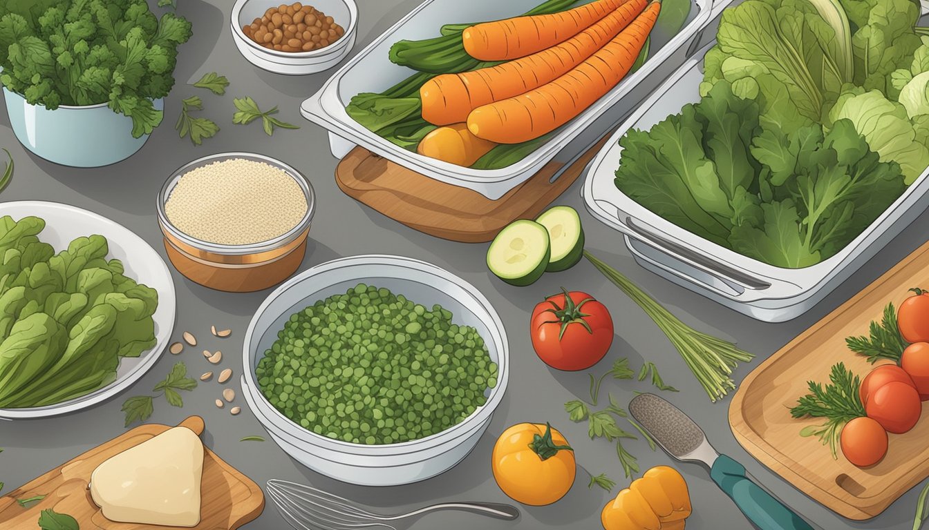 A kitchen counter with fresh vegetables, grains, and cooking utensils laid out for meal prepping