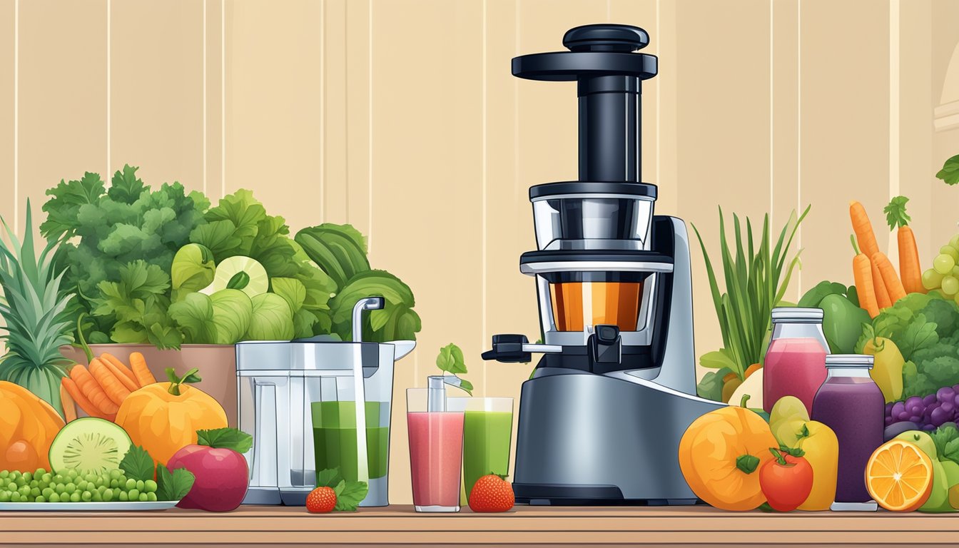 A slow juicer surrounded by fresh fruits and vegetables, with containers of prepped meals and bottles of freshly pressed juice