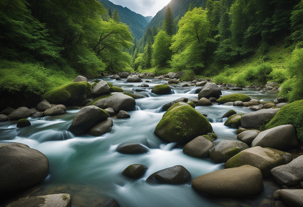 A mountainous landscape with a river flowing through it, surrounded by lush greenery and rocks. The scene exudes a sense of natural purity and vitality