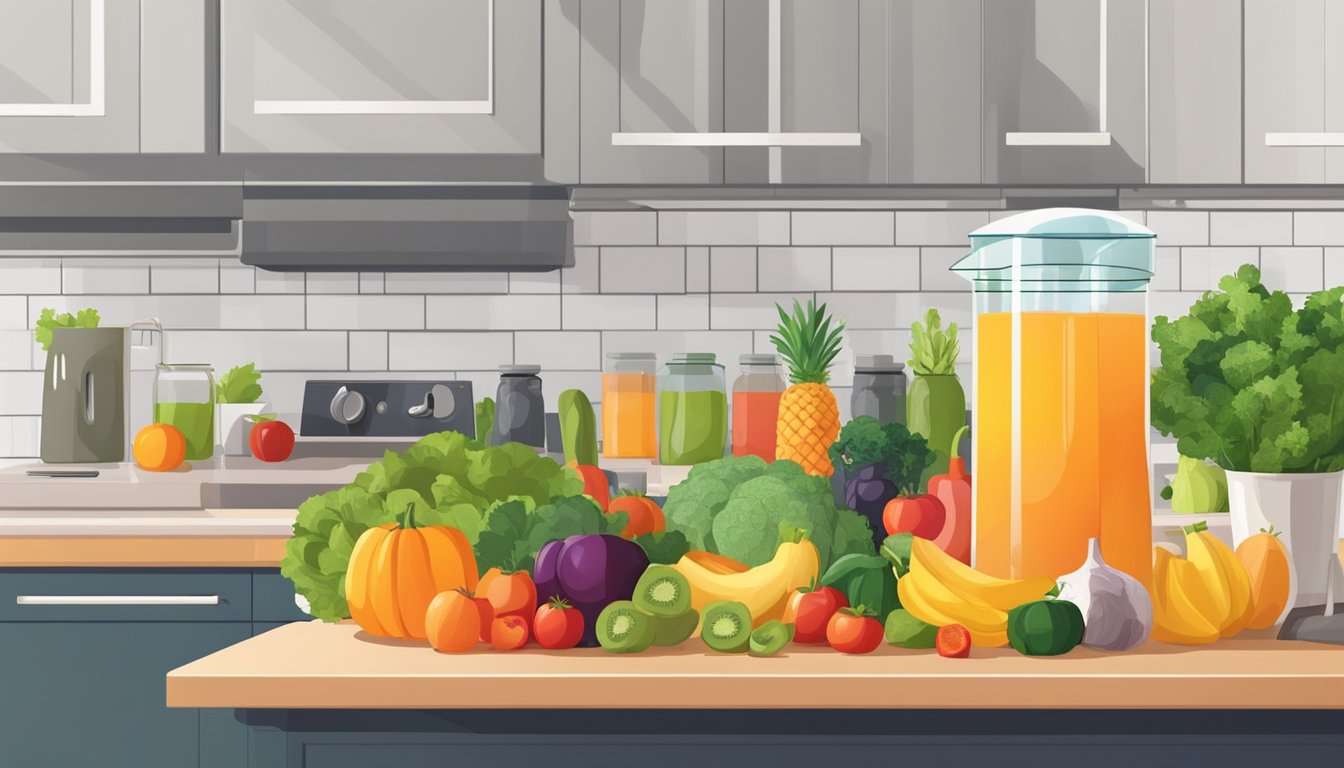 Fresh fruits and vegetables arranged next to a slow juicer on a clean kitchen counter. A variety of colorful produce and glass jars for storing juice