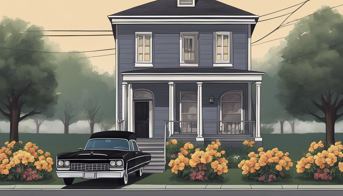 A funeral home sign with a list of 15 questions. A hearse parked outside with flowers. A somber atmosphere