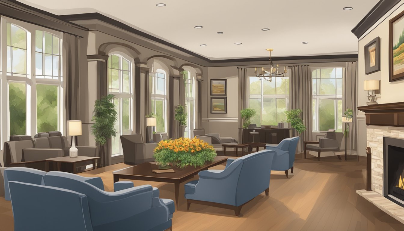 A cozy, welcoming funeral home with comfortable seating and a warm atmosphere. A sign or brochure with "15 Questions to ask when choosing a funeral home" prominently displayed