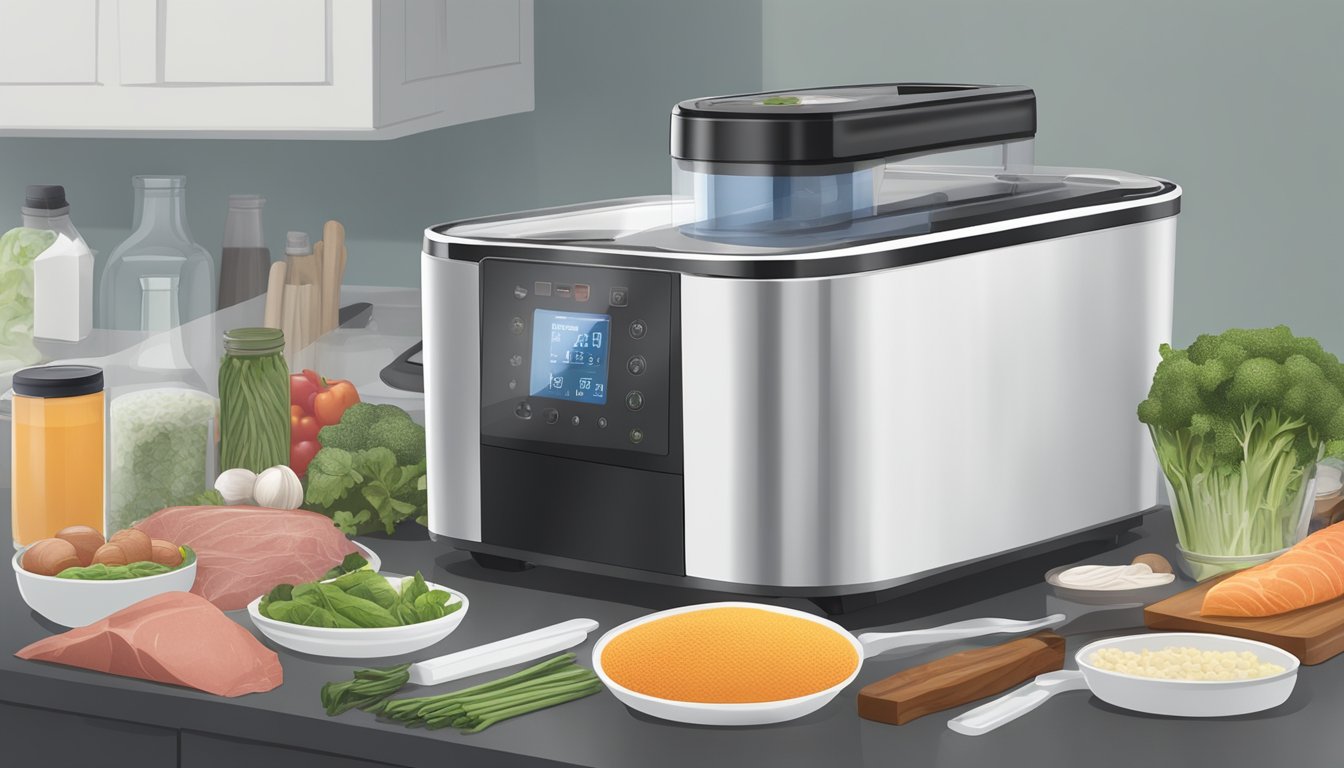 A sous vide machine sitting on a kitchen counter, surrounded by various cooking utensils and ingredients. A steaming, vacuum-sealed bag of food is being removed from the machine