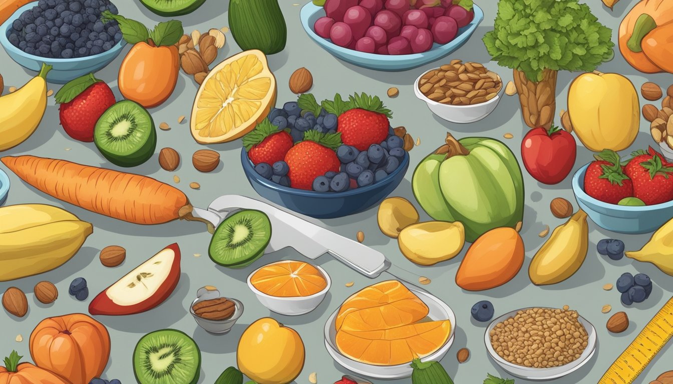 A table covered with colorful fruits, vegetables, grains, and nuts. A scale and measuring cups sit nearby. Prep containers are filled with balanced meals for climbers