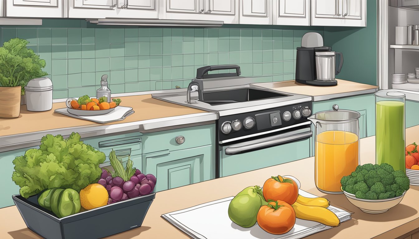 A kitchen counter with fresh fruits and vegetables, a slow juicer, meal prep containers, and a cookbook open to a recipe page