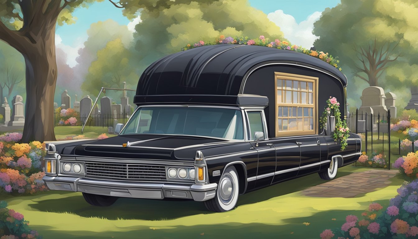 A vintage hearse converted from a camper, adorned with unique funeral decorations, parked in a serene cemetery setting