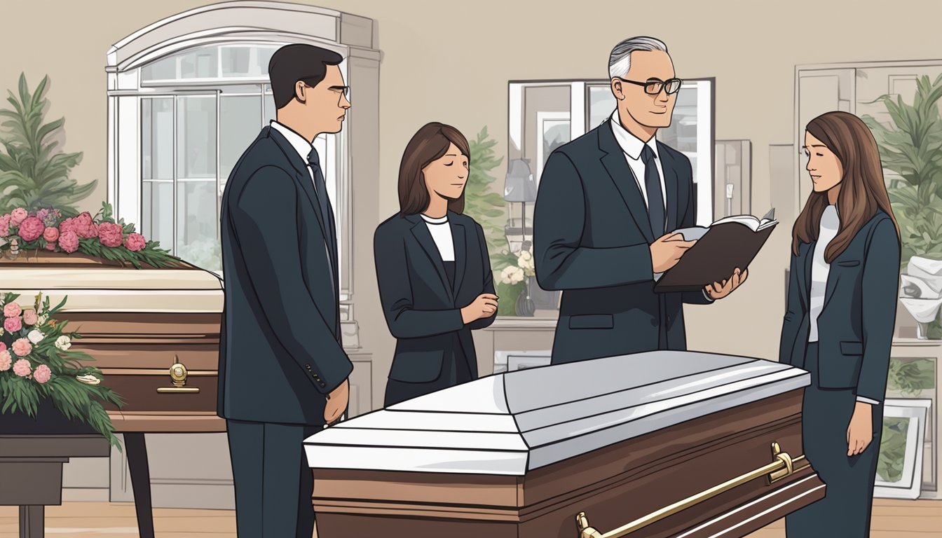 A funeral director discussing services with a family, surrounded by pamphlets and a casket display