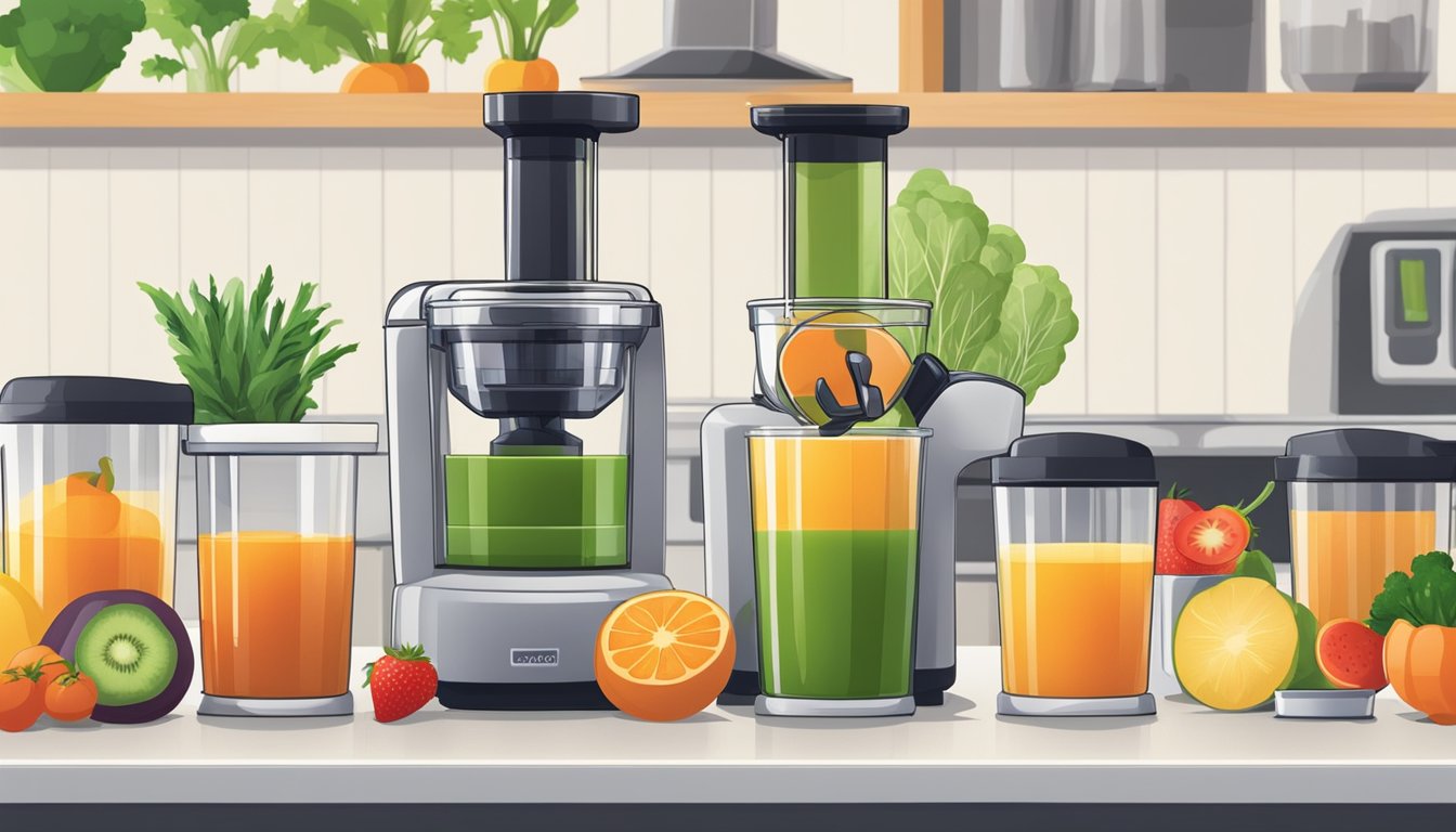 Fresh fruits and vegetables being juiced and poured into individual containers for meal prep. A slow juicer is prominently featured in the background