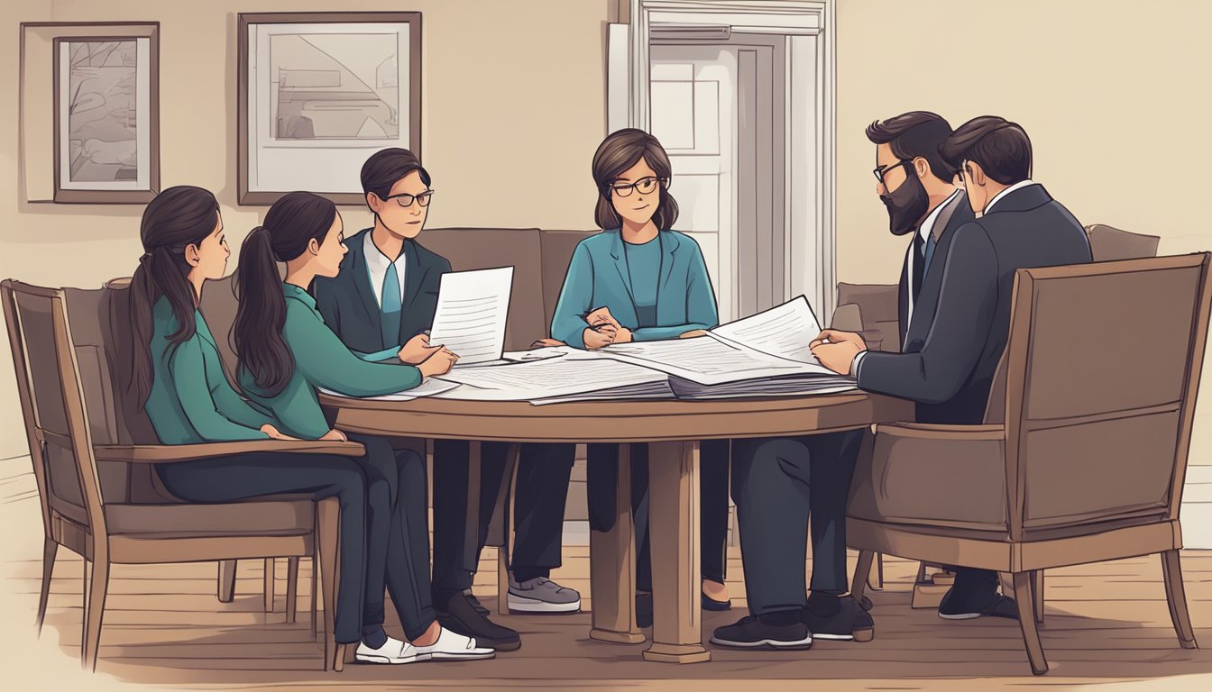 A family sitting around a table, holding a list of 15 questions, while speaking with a funeral home representative