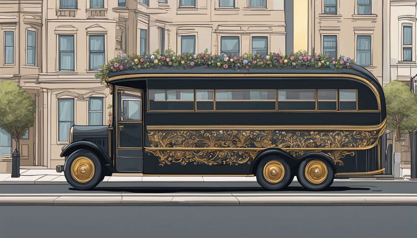 A double-decker bus hearse drives through a city street, adorned with somber decorations and carrying a casket on its upper level