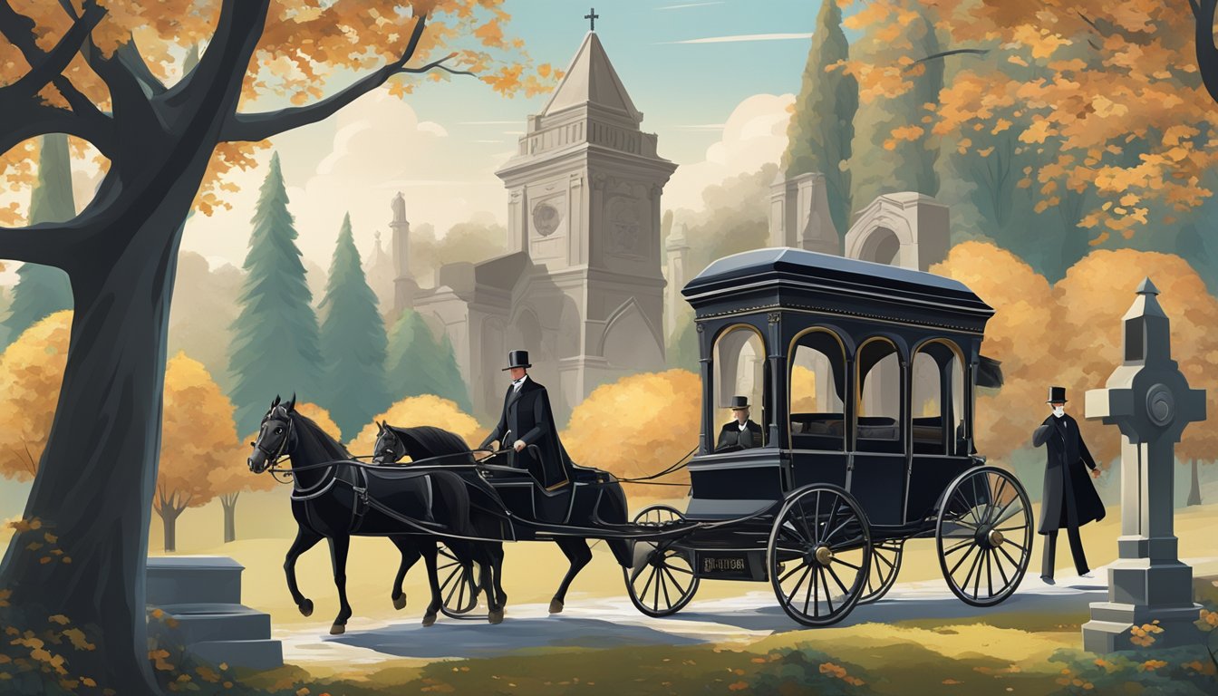 A horse-drawn hearse travels through a historic cemetery, surrounded by ornate vintage carriages and modern hearses. The scene is set against a backdrop of tall, ancient trees and intricate headstones