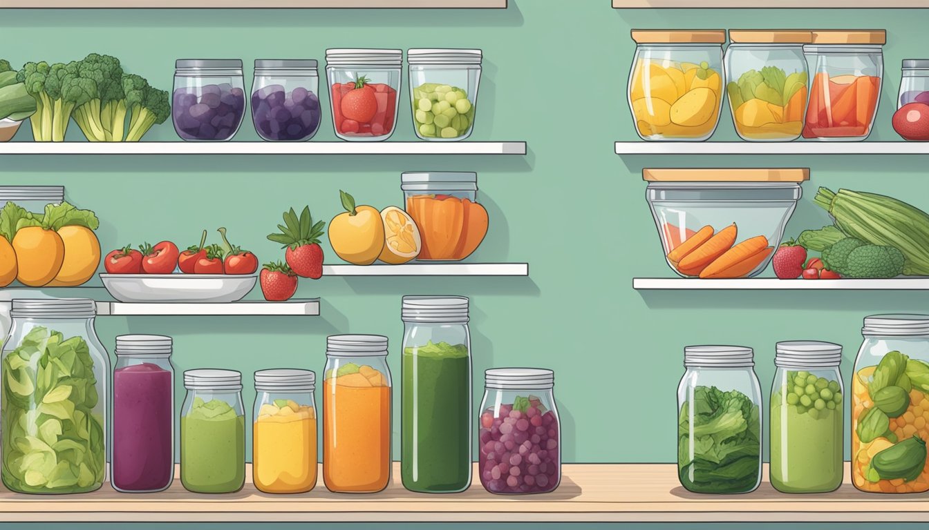 A kitchen counter with fresh fruits and vegetables being juiced into glass jars, alongside containers of prepped meals for the week