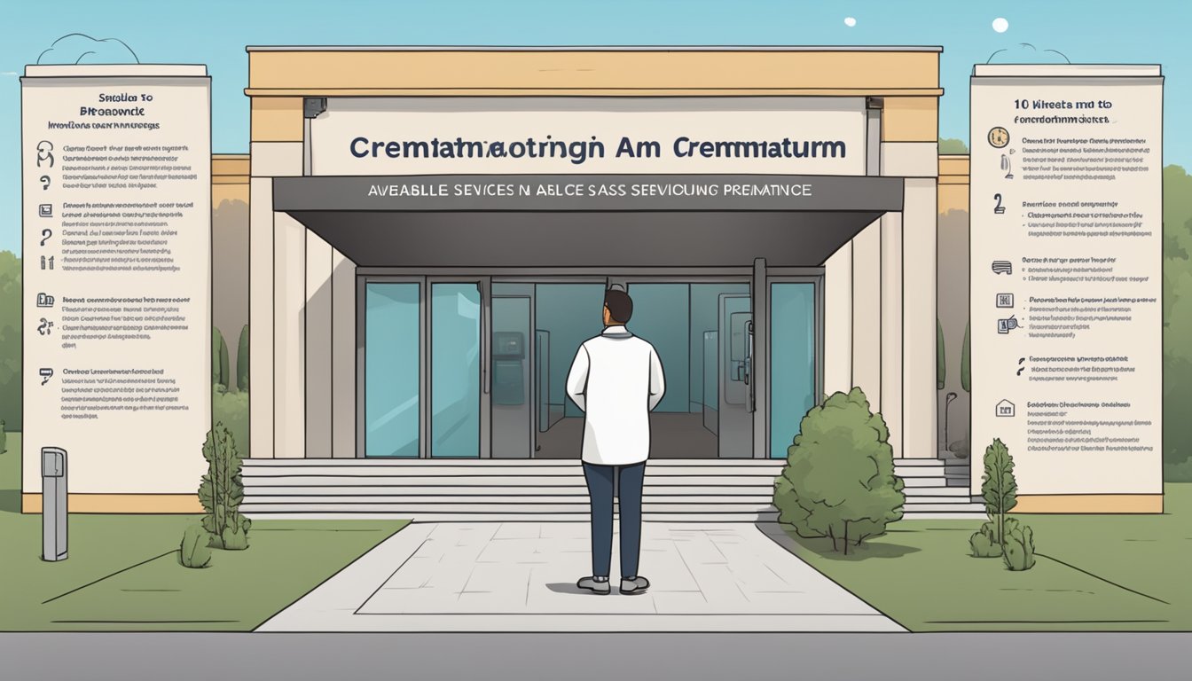 A person standing in front of a crematorium, with a sign displaying "Available services and packages" and a list of "10 Questions to ask when choosing a crematorium" displayed nearby