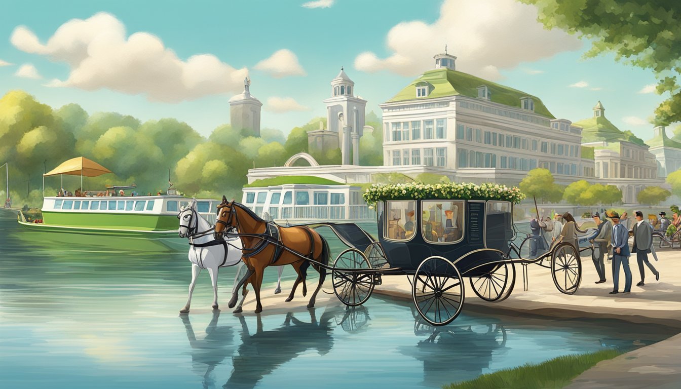 A horse-drawn carriage leads a procession of bicycles, electric cars, and a biodegradable urn on a riverboat. The diverse vehicles symbolize eco-friendly funeral transport options