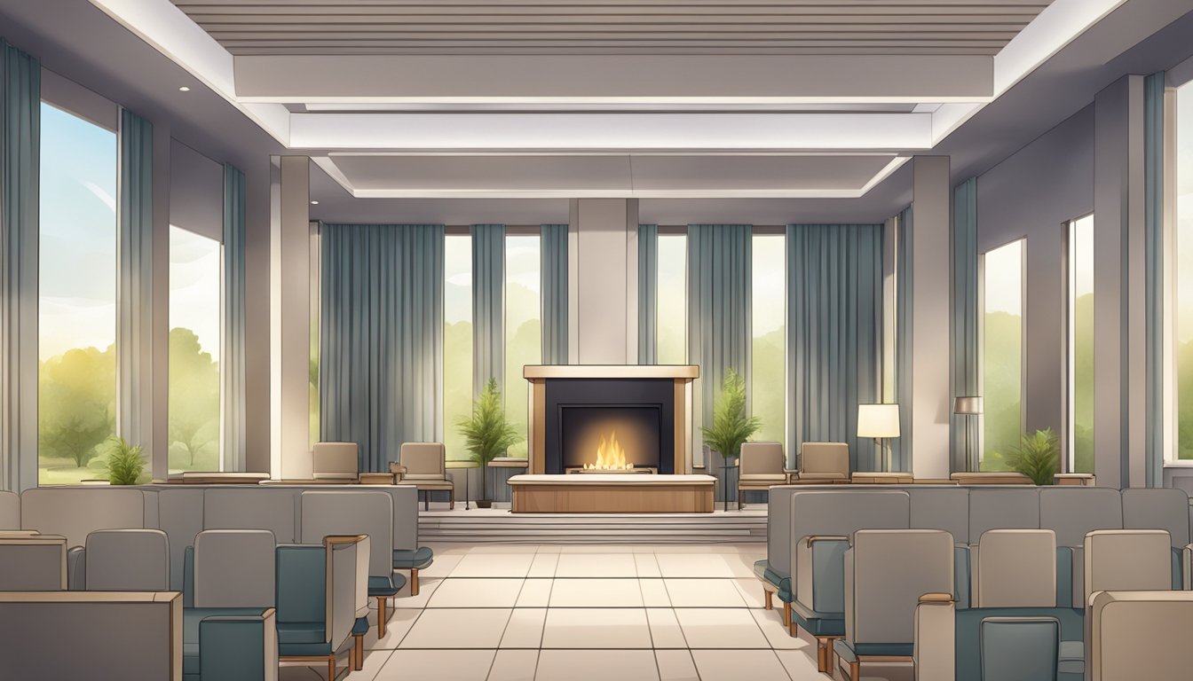 A clean and well-lit crematorium with modern decor and comfortable seating