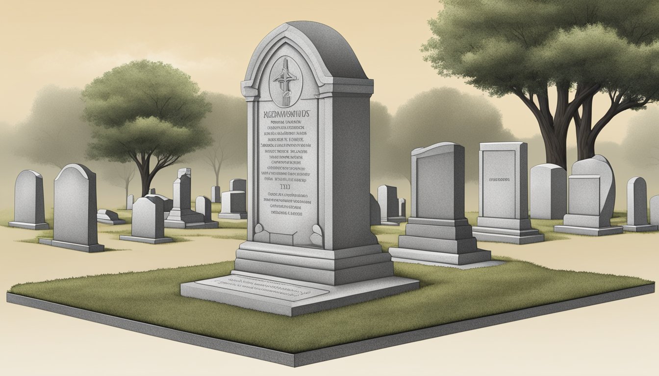 A granite headstone surrounded by various options for customization, such as shape, size, and engraving style, displayed in a serene cemetery setting