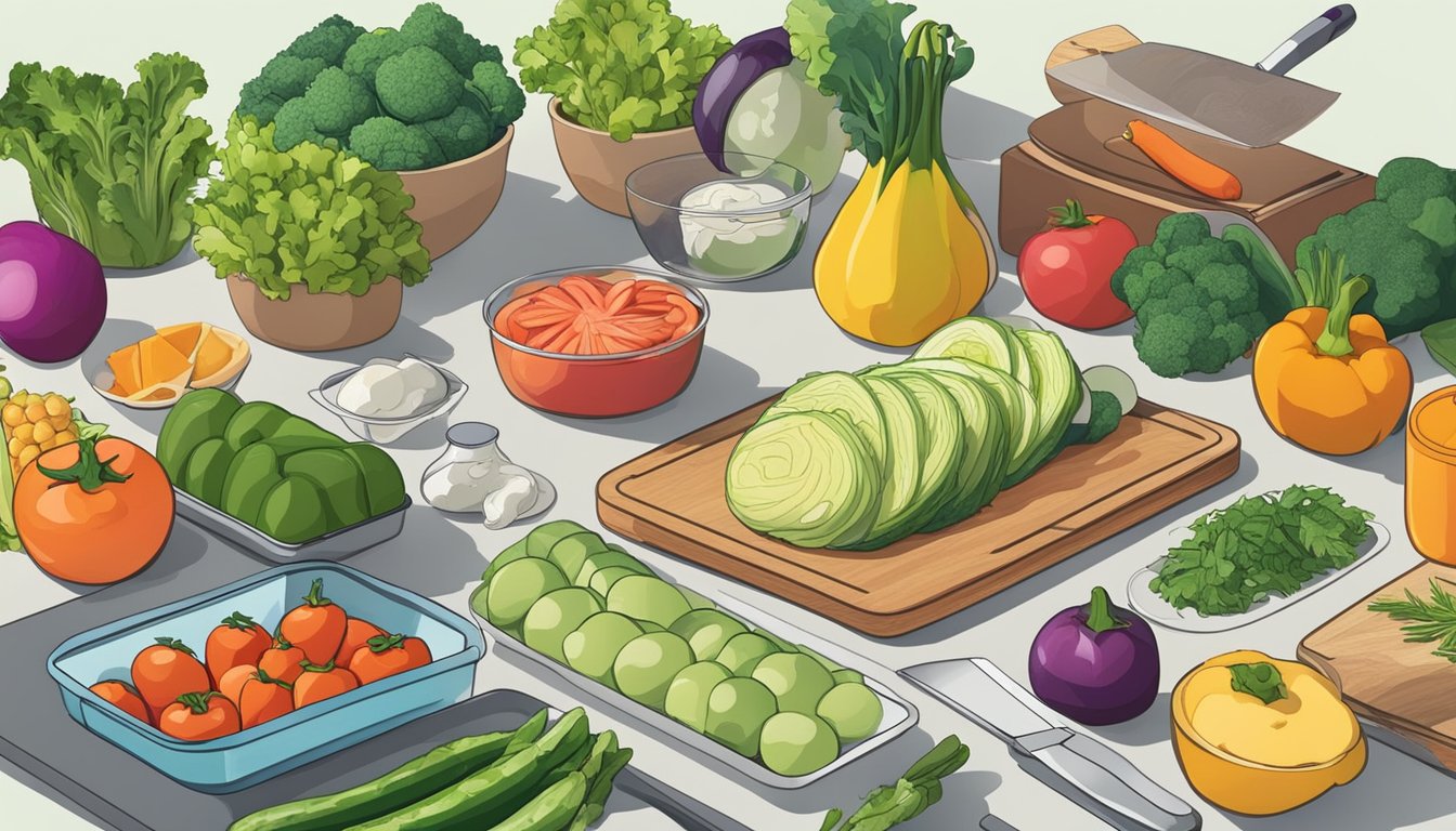 A kitchen counter with an assortment of fresh vegetables, fruits, and lean proteins laid out for meal prepping. Cutting boards, knives, and storage containers are also present