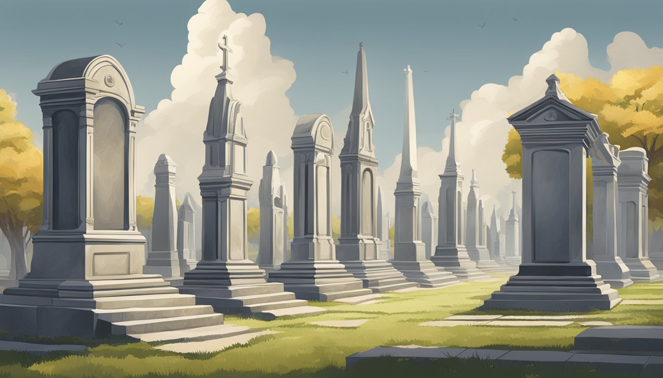 A solemn graveyard with rows of upright monuments, each unique in design, surrounded by peaceful scenery