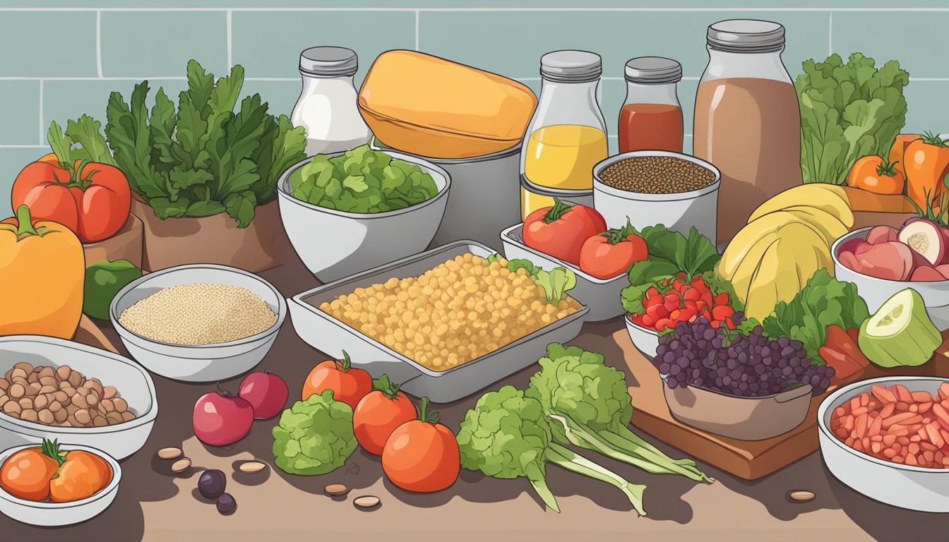 A kitchen counter with various foods (nightshades, grains, processed foods) on one side, and fresh vegetables, fruits, and lean meats on the other for AIP meal prep