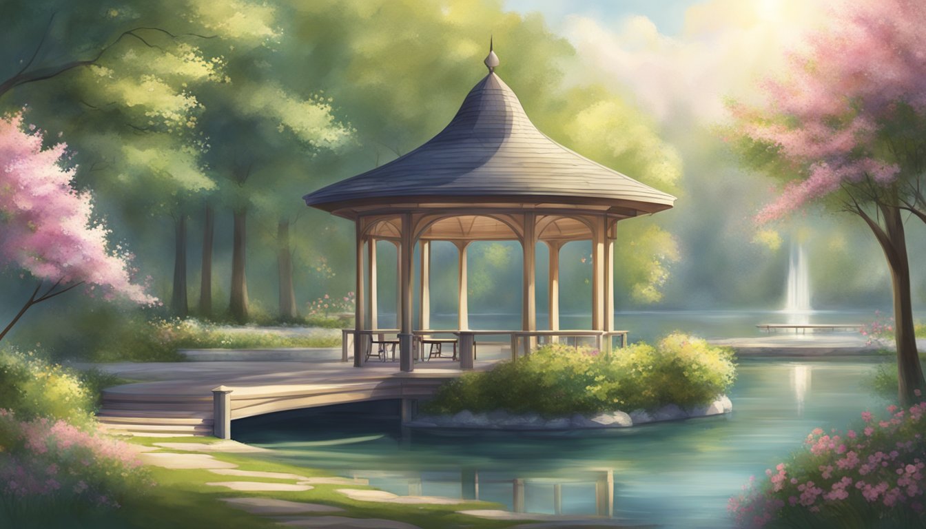 A serene lakeside pavilion with soft sunlight filtering through the trees, surrounded by blooming flowers and a peaceful atmosphere