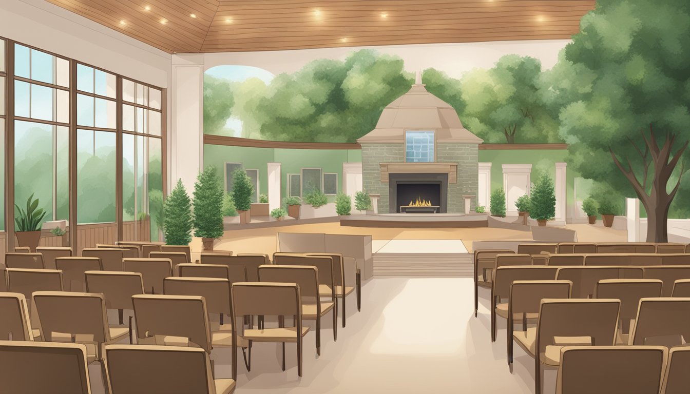 A serene crematorium with a spacious event area. 10 questions listed on a bulletin board. Peaceful atmosphere with seating and greenery