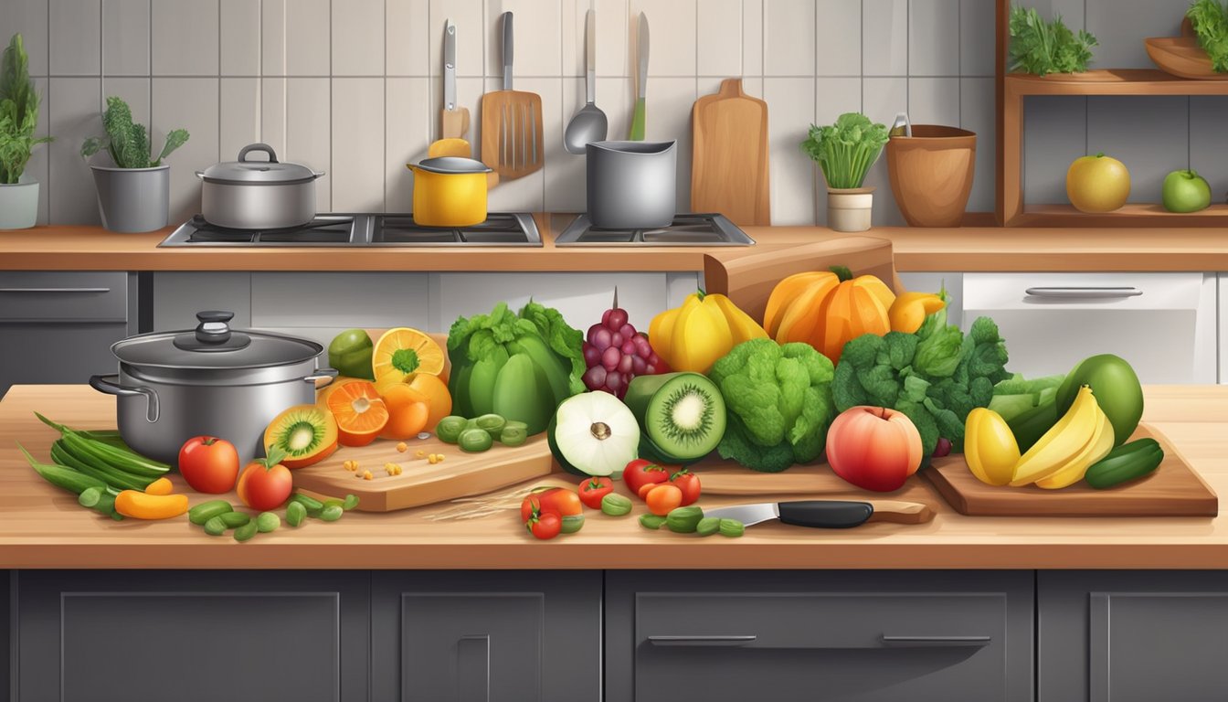 A kitchen counter with a variety of fresh fruits, vegetables, and whole grains. A cutting board with a knife and a pot on the stove