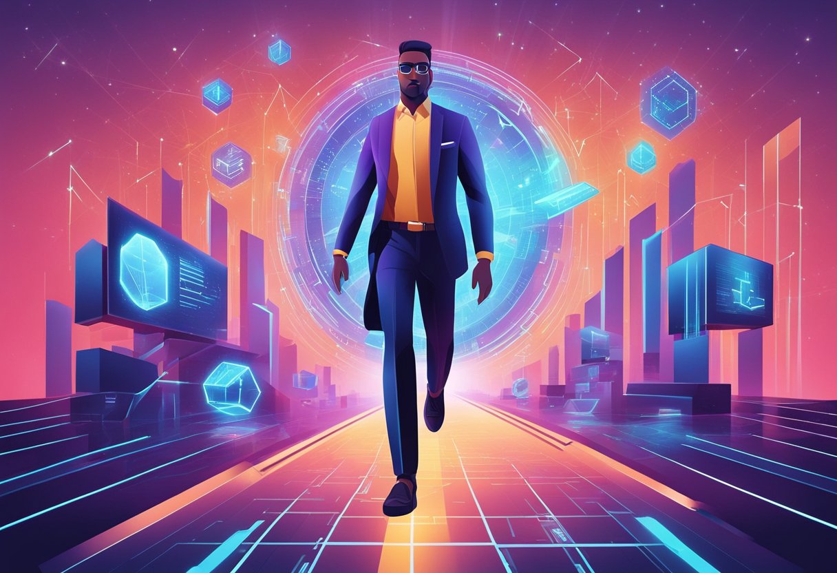 A confident figure strides forward, surrounded by futuristic technology and glowing charts, symbolizing the transition into a new era of sales success