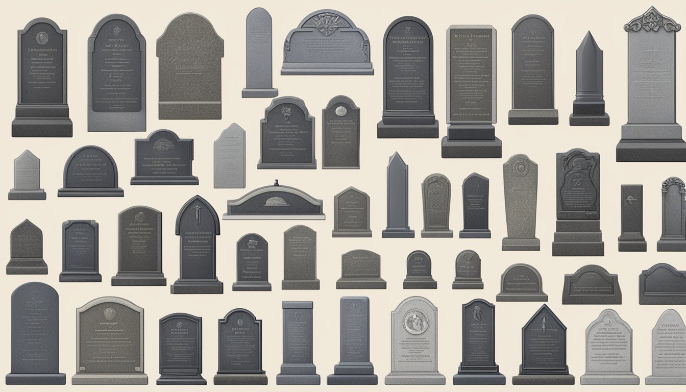 A variety of headstone and grave marker materials displayed with accompanying information for consideration