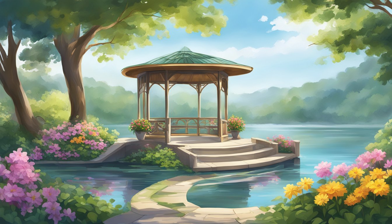 A serene lakeside pavilion with colorful flowers and a gentle breeze, surrounded by lush greenery and peaceful water