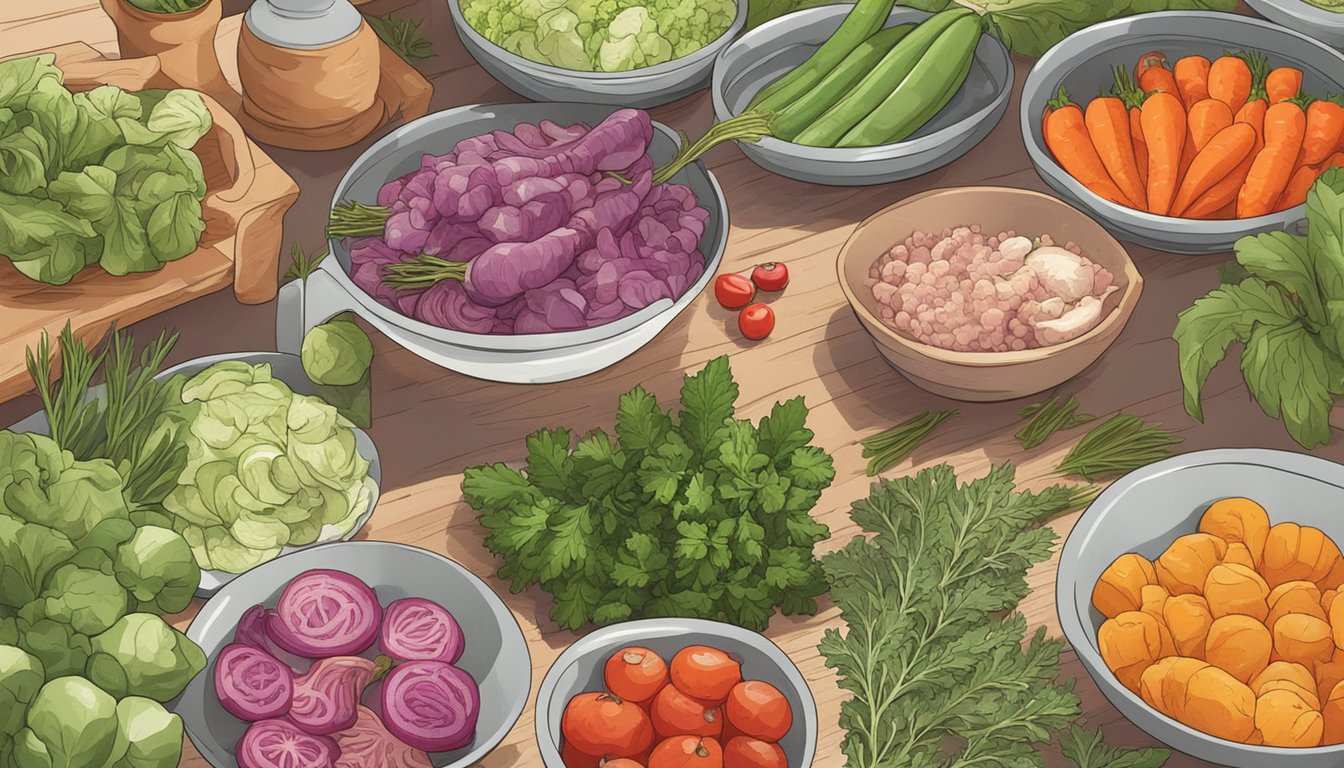 Fresh vegetables being washed and chopped, while meats are being marinated. A variety of herbs and spices are laid out for seasoning