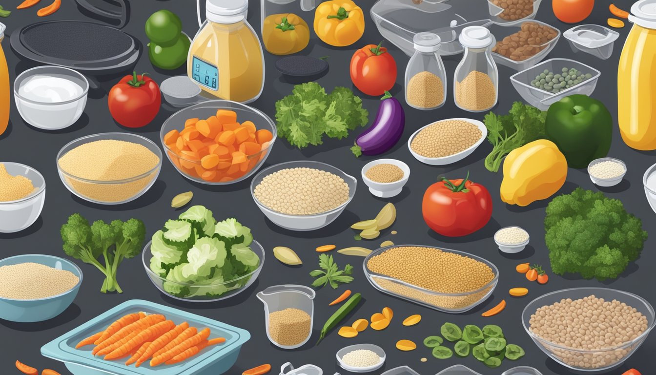 A kitchen counter with various containers of prepped vegetables, lean proteins, and whole grains, along with measuring cups and food scales for portion control