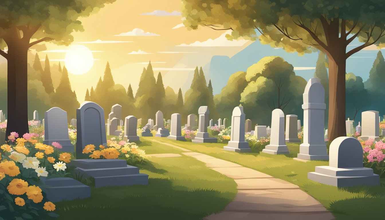 A peaceful cemetery with various headstone designs surrounded by trees and flowers. The sun casts a warm glow on the scene, creating a serene and respectful atmosphere