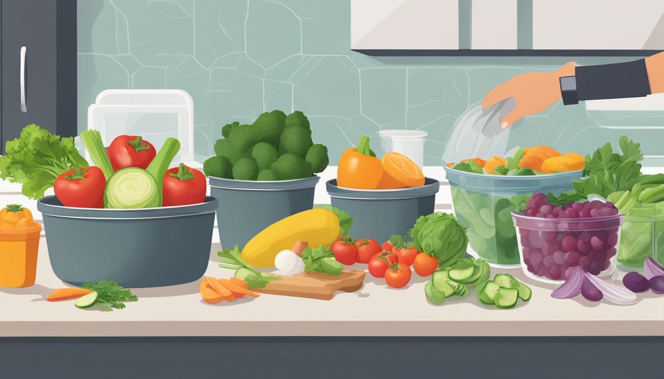 A kitchen counter with various fresh vegetables, fruits, and lean proteins being washed, chopped, and portioned into meal prep containers