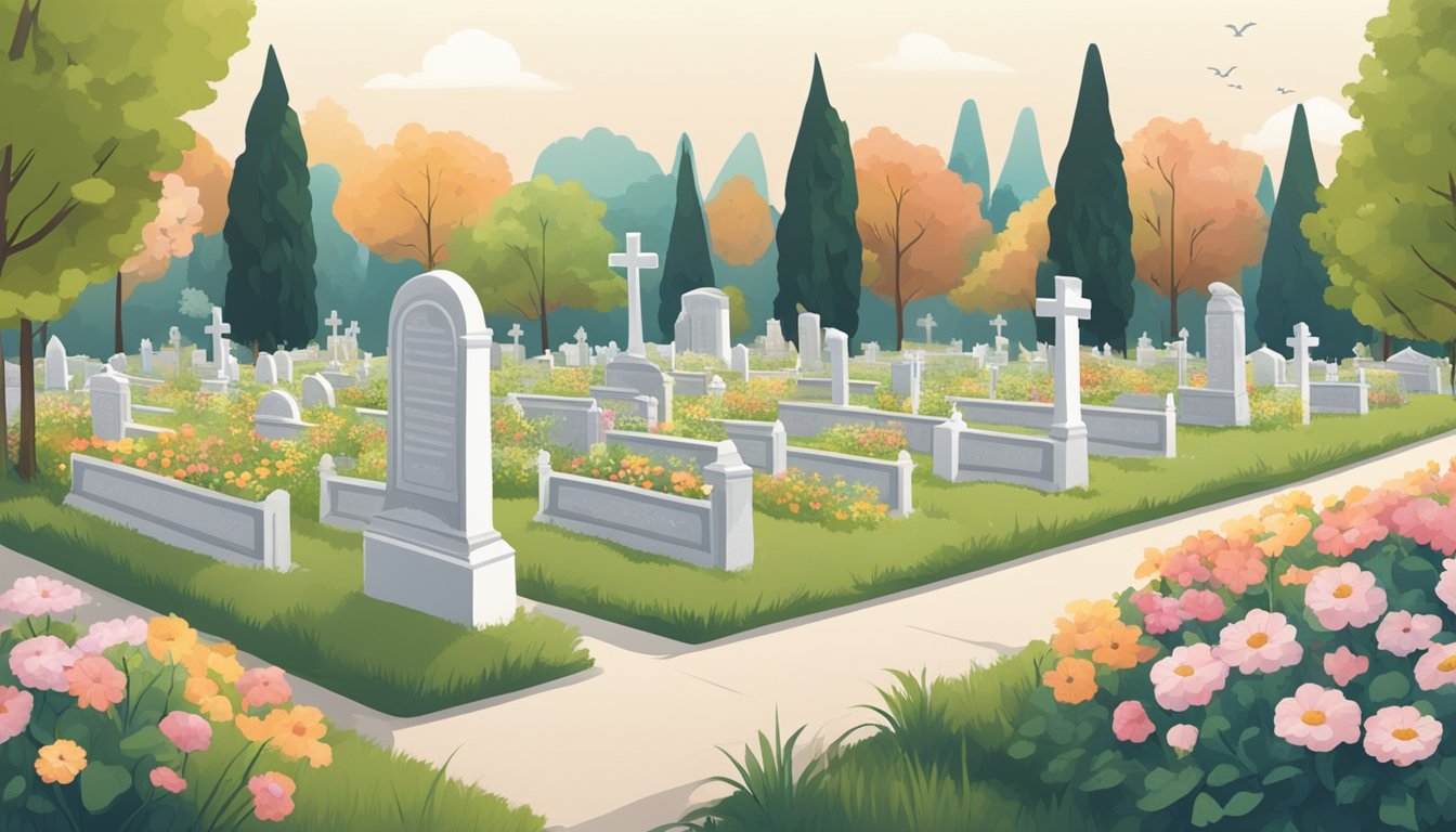 A serene cemetery with rows of plots, surrounded by trees and flowers. A sign with 10 questions to consider when choosing a burial option for a family