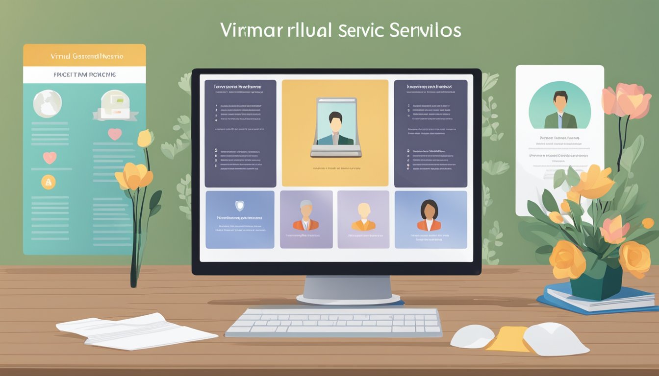 A computer screen displaying five different virtual memorial service options with various interactive features