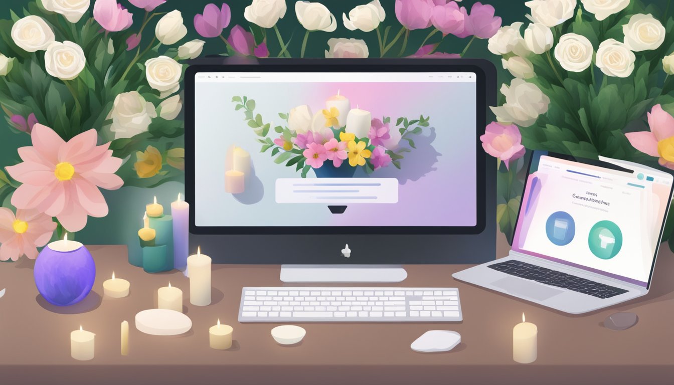 A computer screen displays five different virtual memorial service options, surrounded by virtual flowers and candles