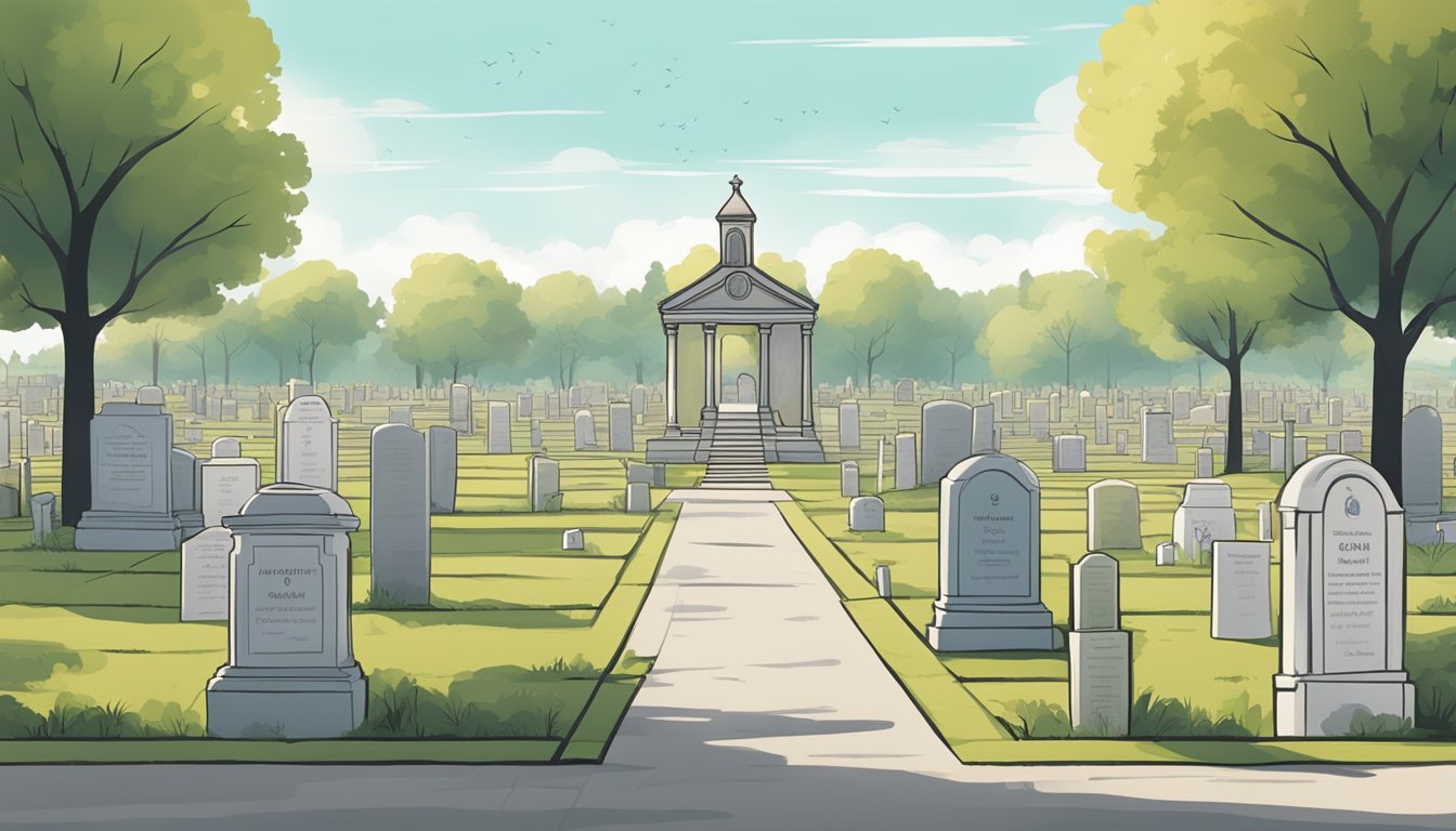 A serene cemetery with rows of plots, a tranquil landscape, and a small office with a sign listing the 10 questions to ask when choosing a cemetery plot