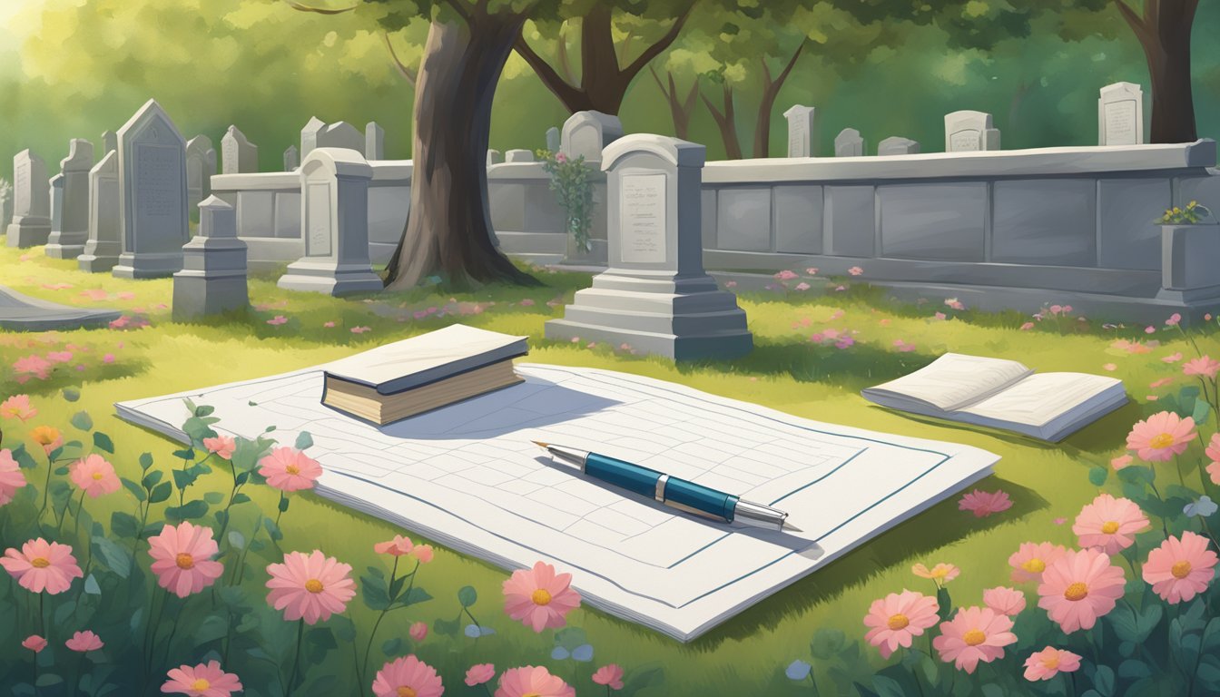 A serene cemetery plot with a measuring tape, a notepad, and a pen laid out on the ground, surrounded by trees and flowers