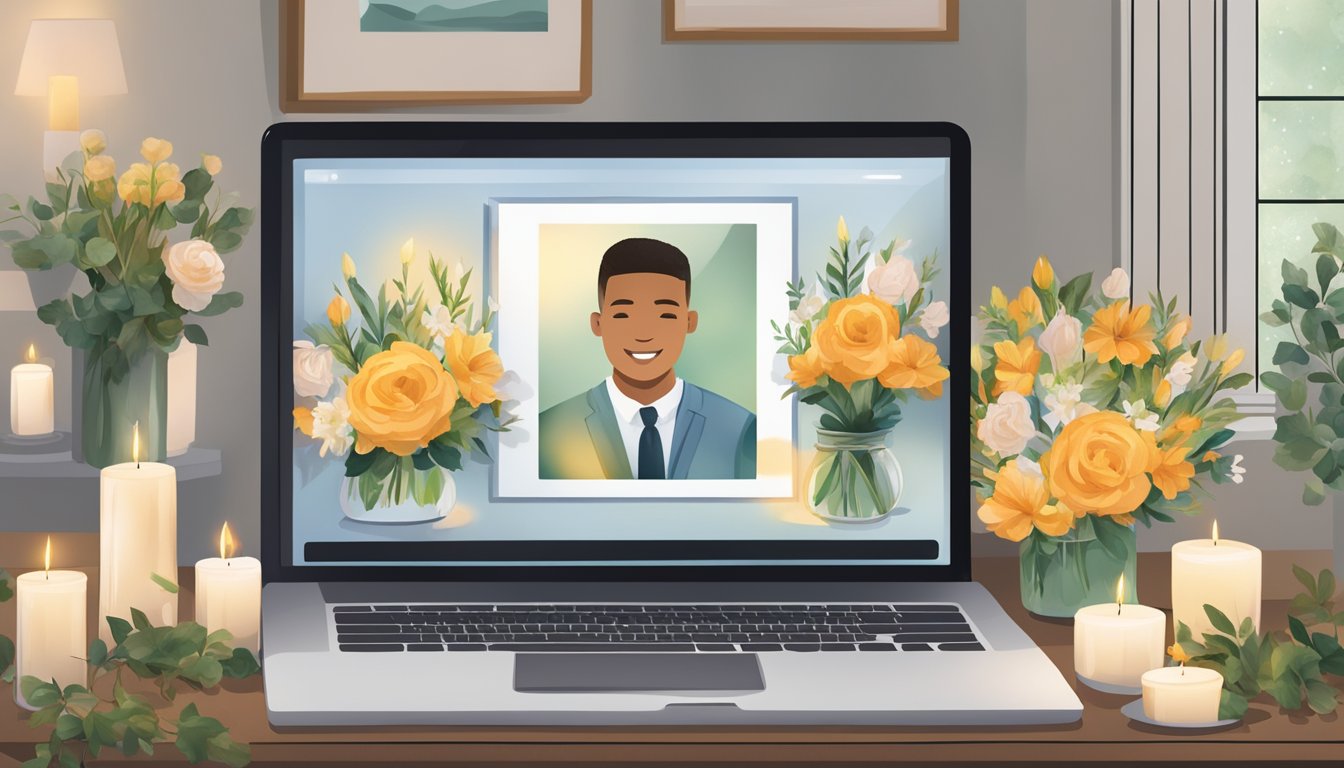 A virtual memorial service with a computer screen displaying a live stream of a ceremony, surrounded by candles, flowers, and framed photos