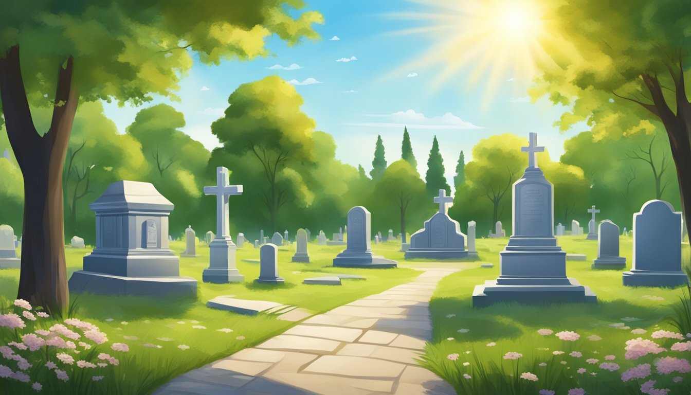 The cemetery plot sits in a lush, green landscape with tall trees and a clear blue sky. The sun shines down, casting a warm glow over the peaceful setting