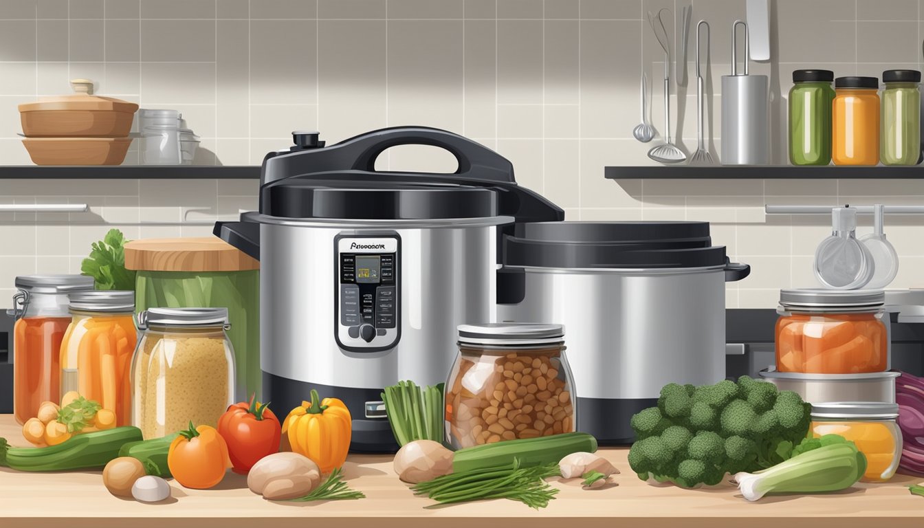 A pressure canner surrounded by various kitchen tools and ingredients, such as jars, vegetables, and meats, laid out on a clean and organized countertop