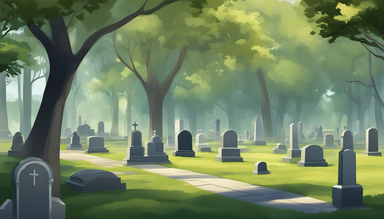 A serene cemetery with well-kept grounds and ancient headstones, surrounded by tall trees and a peaceful atmosphere