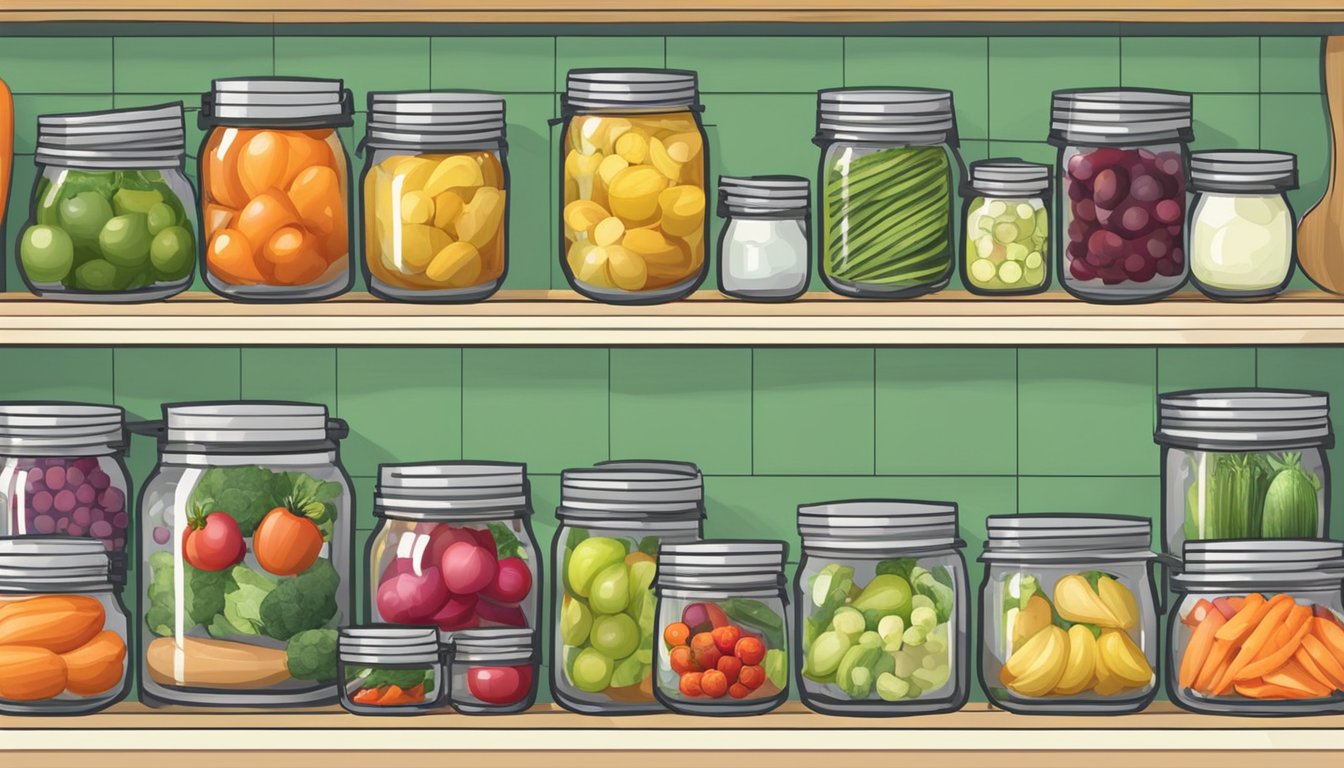 A kitchen counter with a pressure canner, fresh produce, and shelves of neatly organized jars