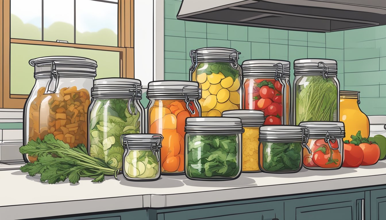 A kitchen counter with a pressure canner, various fresh ingredients, and neatly organized jars filled with prepped meals