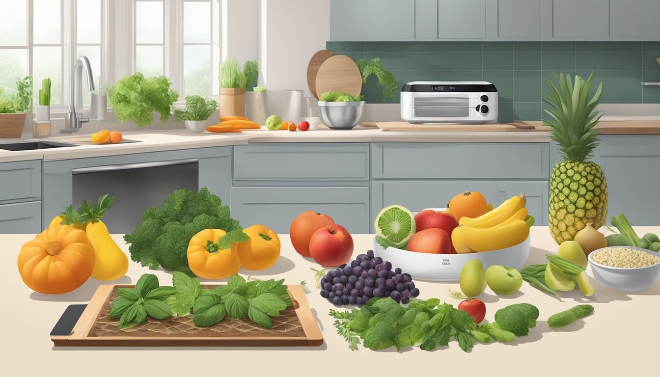 A kitchen counter with a food dehydrator, various fruits, vegetables, and herbs laid out for preparation