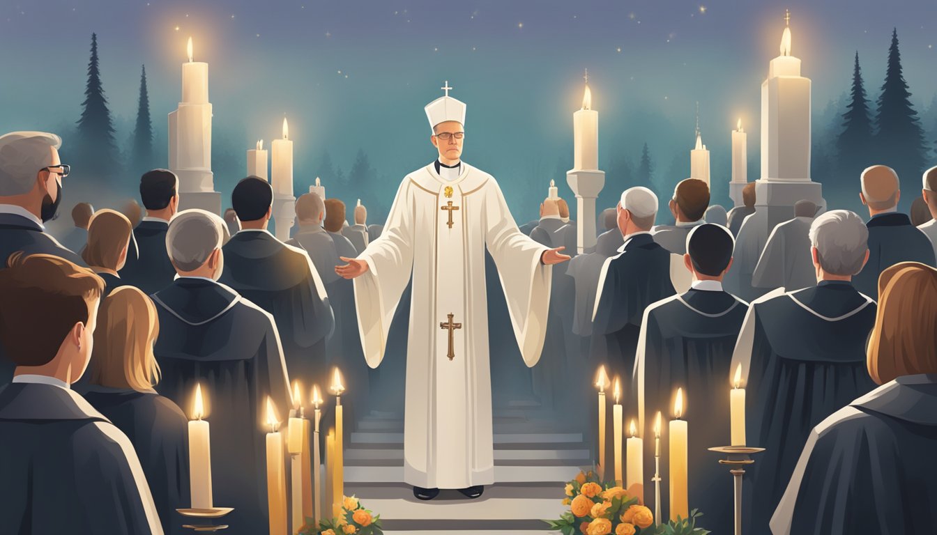 A priest leading a Catholic funeral Mass, with symbols such as candles, crucifix, and incense, followed by a burial at a cemetery