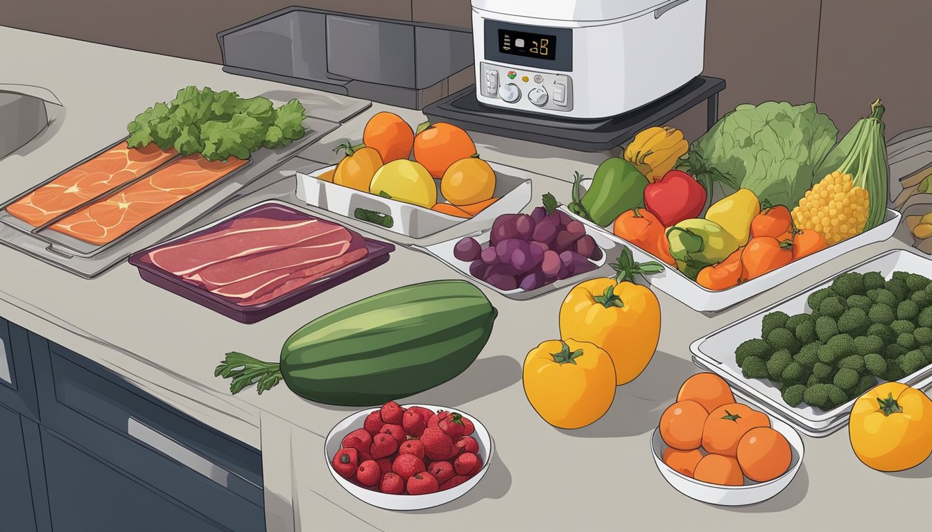 Various fruits, vegetables, and meats laid out on a kitchen counter, ready to be dehydrated. A food dehydrator sits nearby, with trays and settings visible