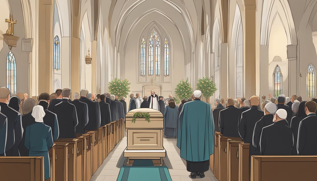 A priest leading a solemn Catholic mass inside a church, with a casket and mourners present. Outside, a burial procession to the gravesite