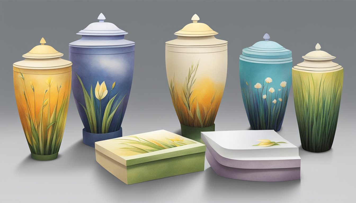 A table displays 5 biodegradable paper urns. Each urn is unique in shape, size, and color, offering a variety for cremation ashes