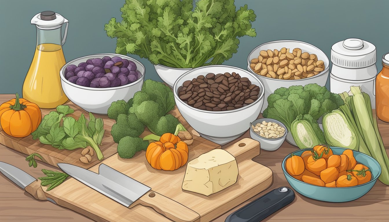 A kitchen counter with various vegetables, nuts, seeds, and tofu arranged for meal prep. A cutting board, knife, and containers are also present